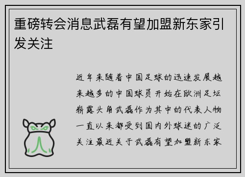 重磅转会消息武磊有望加盟新东家引发关注