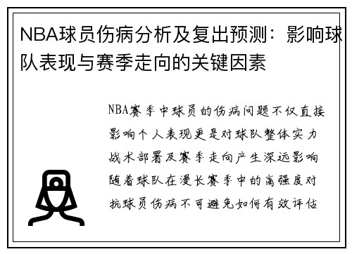 NBA球员伤病分析及复出预测：影响球队表现与赛季走向的关键因素