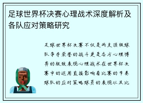 足球世界杯决赛心理战术深度解析及各队应对策略研究