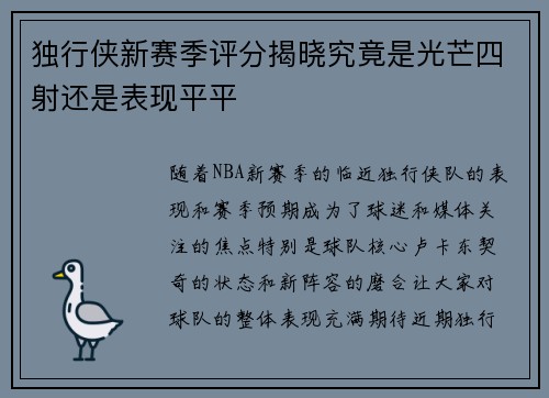 独行侠新赛季评分揭晓究竟是光芒四射还是表现平平 独行侠新赛季评分揭晓究竟是光芒四射还是表现平平