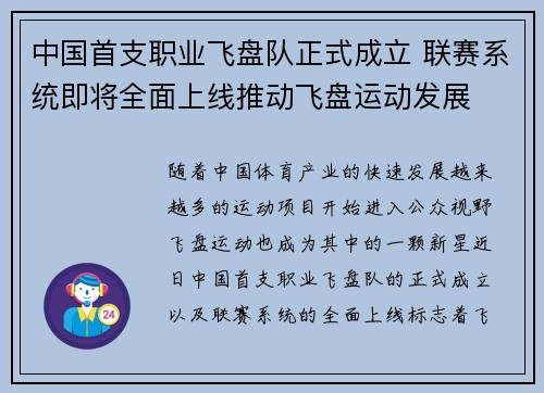 中国首支职业飞盘队正式成立 联赛系统即将全面上线推动飞盘运动发展